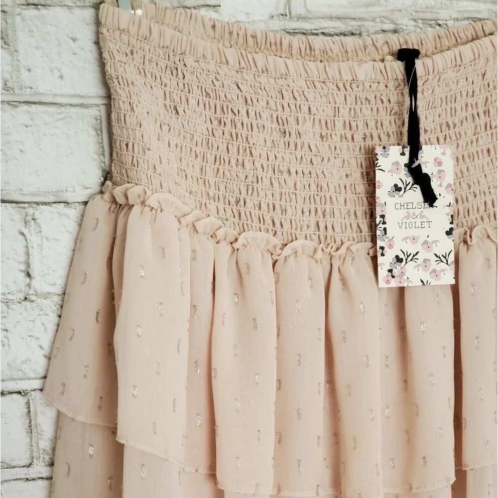 Chelsea & Violet Blush Pink Smocked Waist Sparkle Tiered Mini Skirt Large 12 NWT